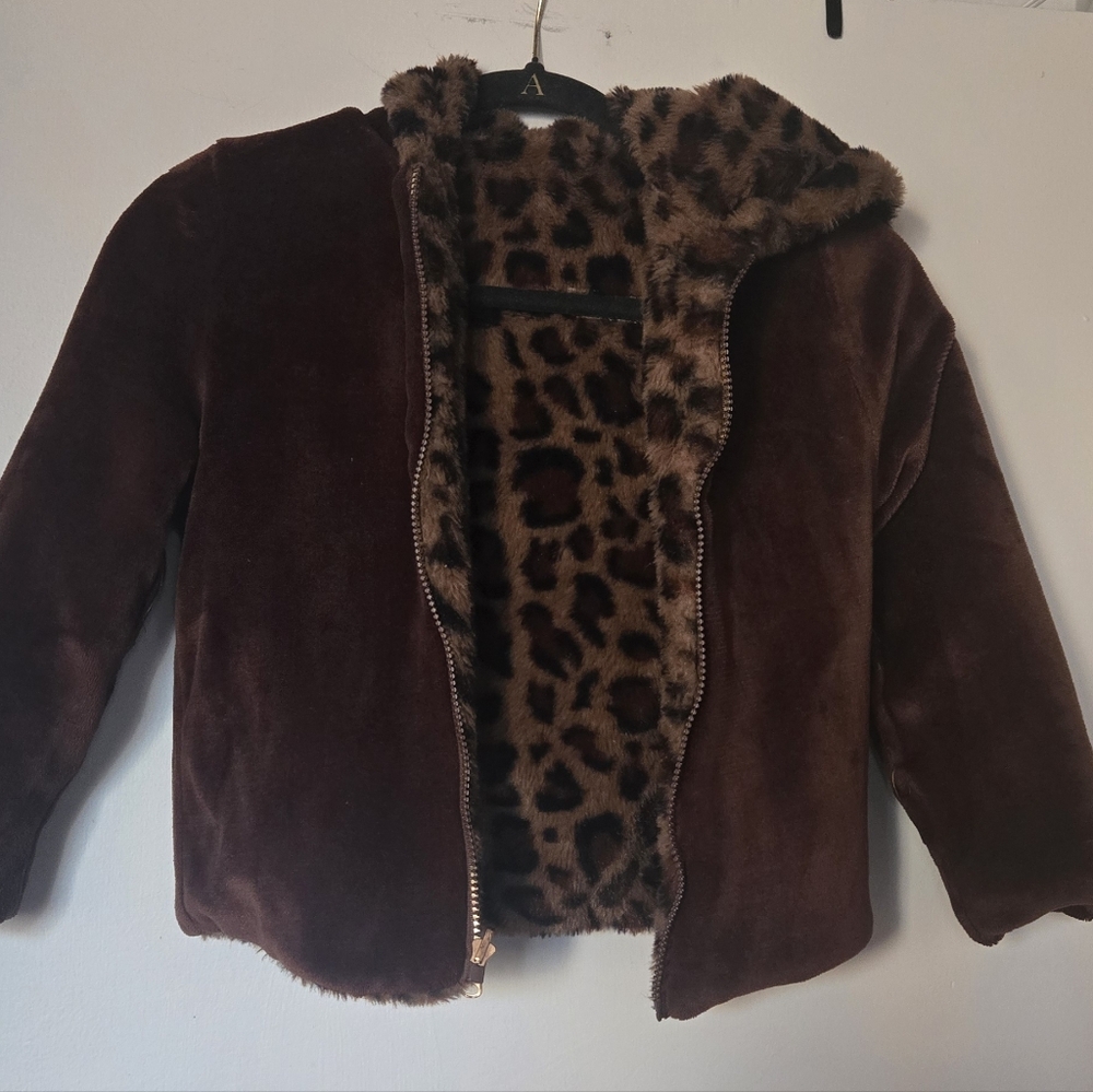 Kids Leopard Print Faux Fur Jacket - Brown - Picture 3 of 7